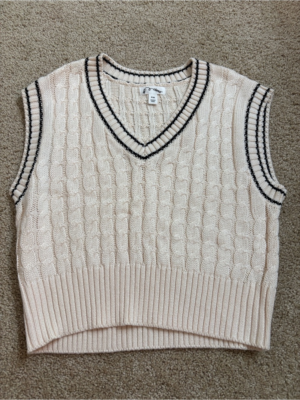 art class Cream Cable Knit V-Neck Sweater Vest with Black Trim